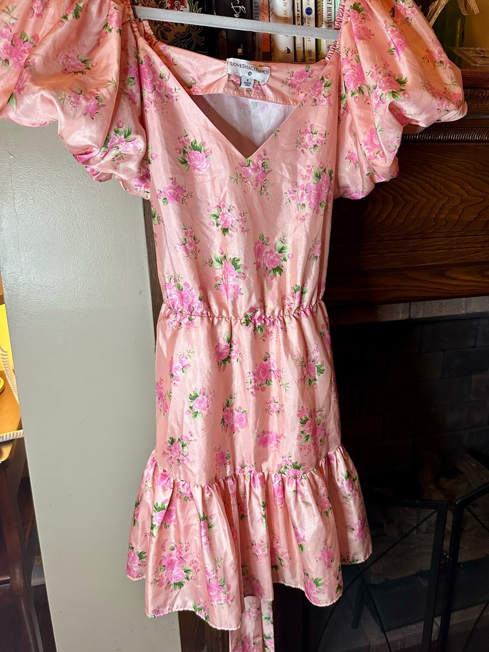 LoveShackFancy Pink Floral Puff-Sleeve V-Neck Dress